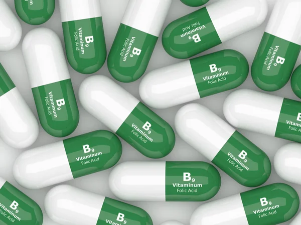 3D render B9 foliumzuur pillen over Wit — Stockfoto
