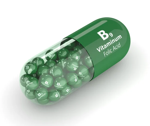 3d render of B9 folic acid pill with granules — Stock Photo, Image