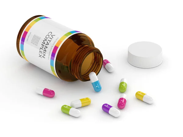 Vitamin hapı şişesiyle 3D render — Stok fotoğraf