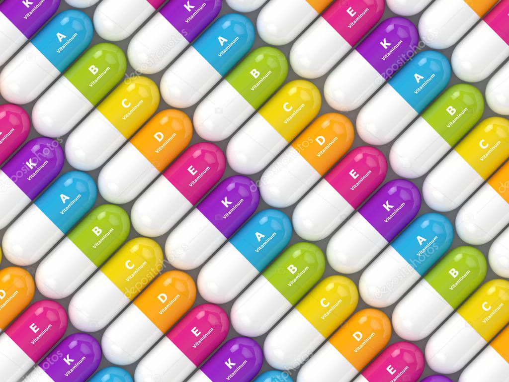 3d rendering of vitamin pills in row