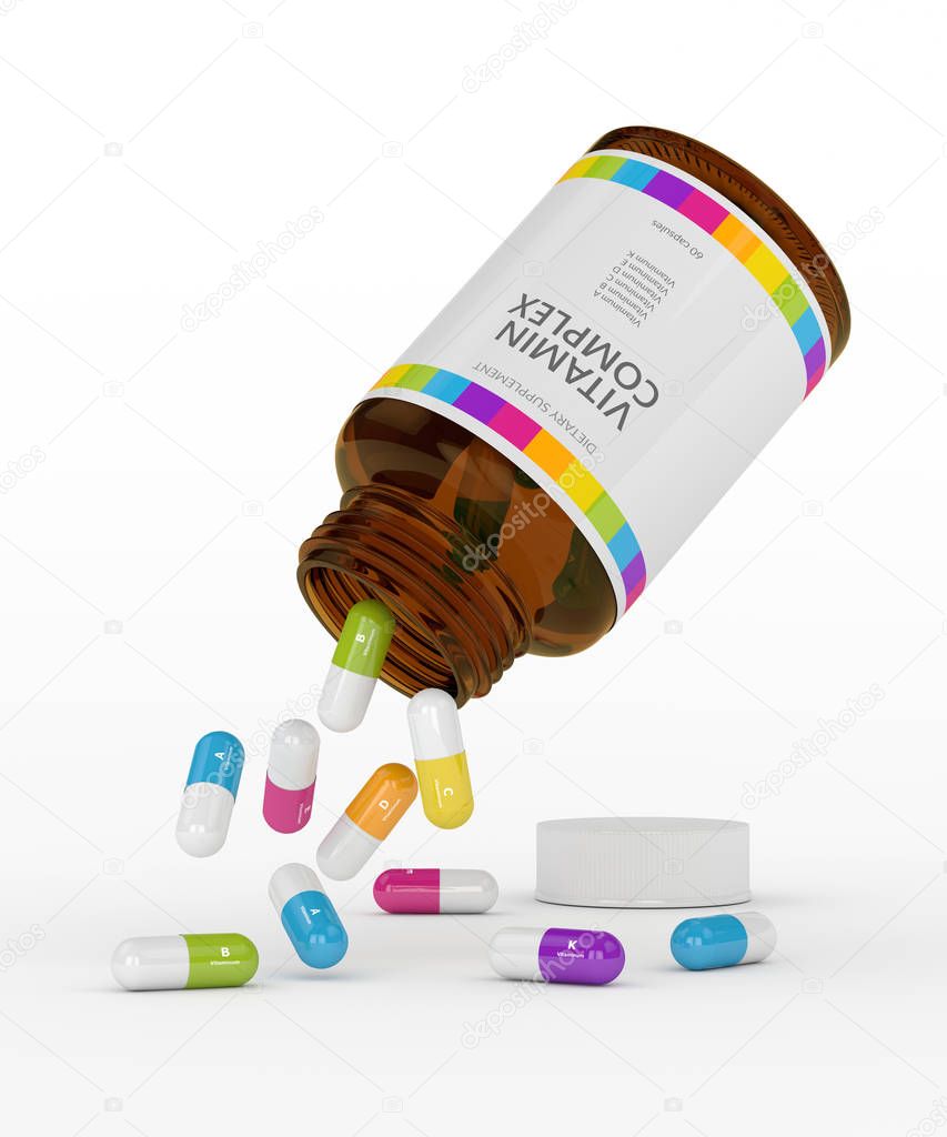 3d rendering of vitamin pills with bottle