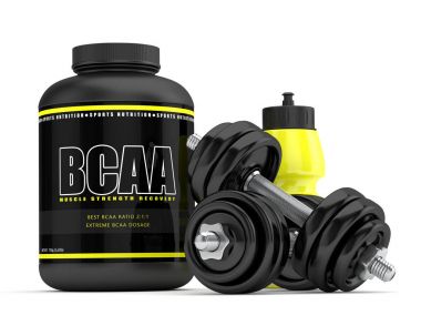 3d render of BCAA powder with dumbbells and water bottle clipart
