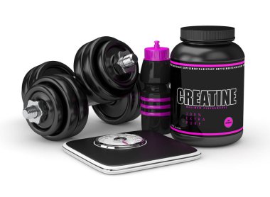 kreatin toz, halter, ölçek ve shaker 3D render 