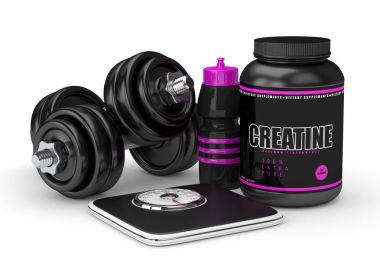 3d render of creatine powder, dumbbells, scale and shaker  clipart