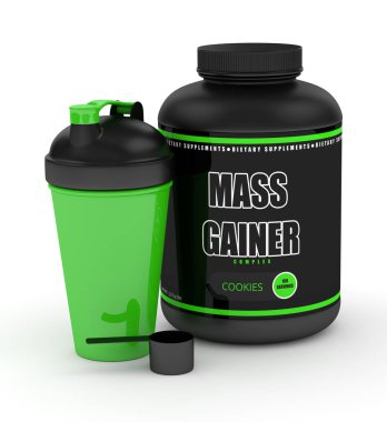 kitle gainer tozu shaker ve kaşık ile 3D render 
