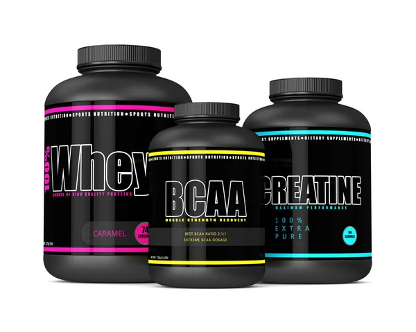 3d render of whey, BCAA and creatine bottles — Stock Photo, Image