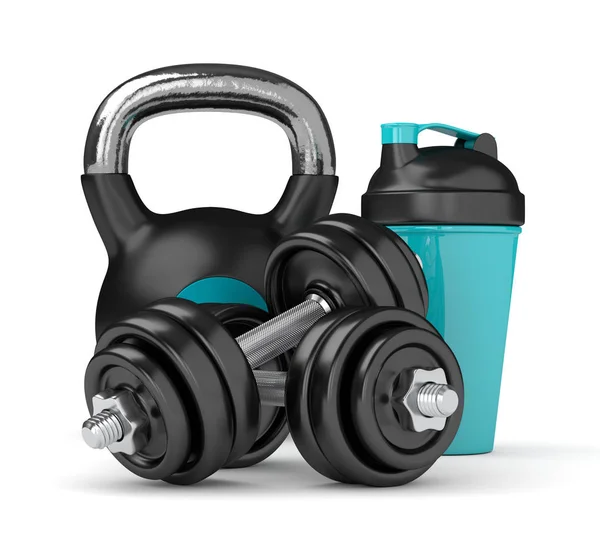 3D render, súlyzók, kettlebell és shaker — Stock Fotó