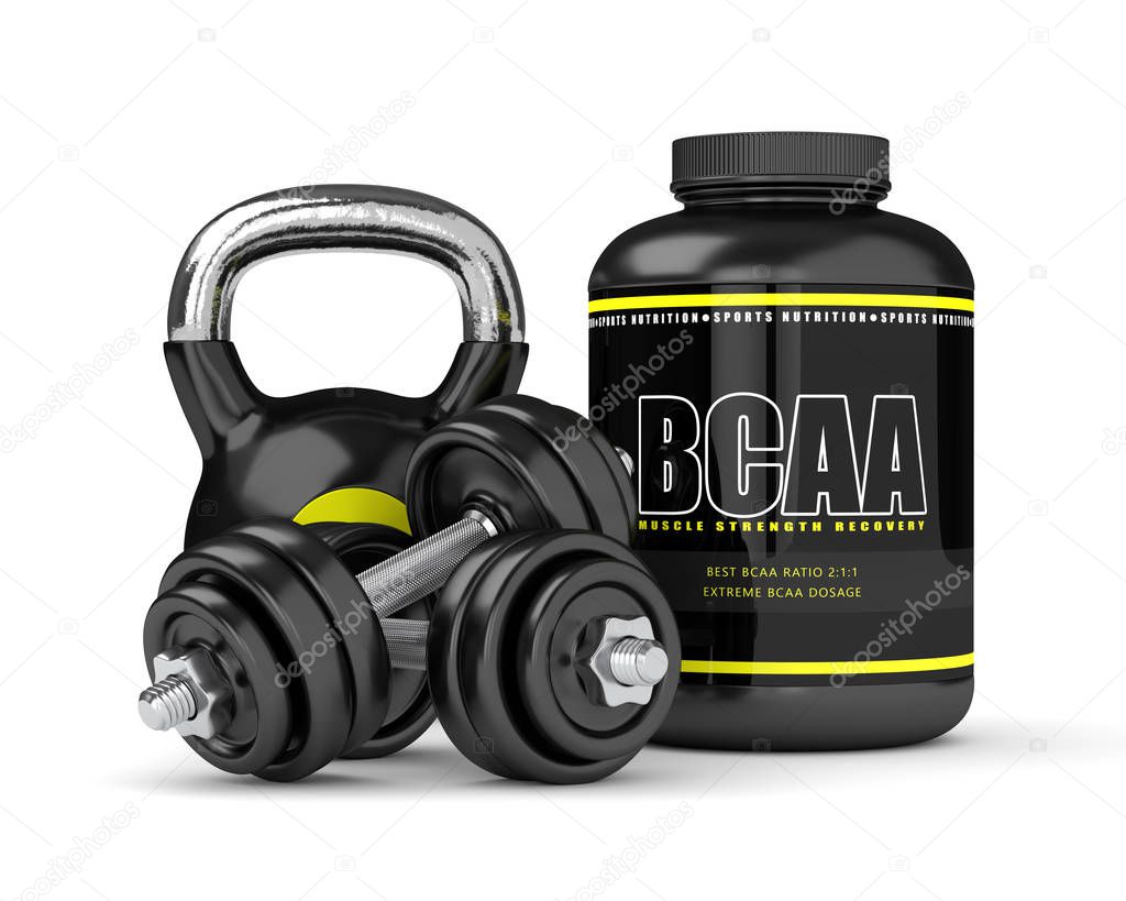 3d render of BCAA powder with dumbbells and kettlebell