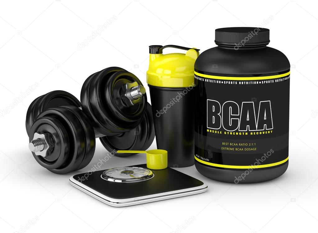3d render of BCAA powder with dumbbells, scale and shaker