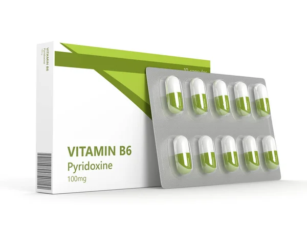 3d representación de las píldoras de vitamina B6 en blister paquete — Foto de Stock