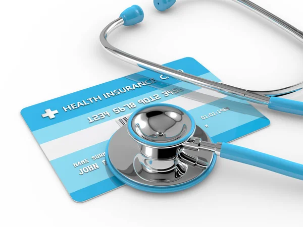 Rendement 3d de la carte d'assurance maladie avec stéthoscope — Photo