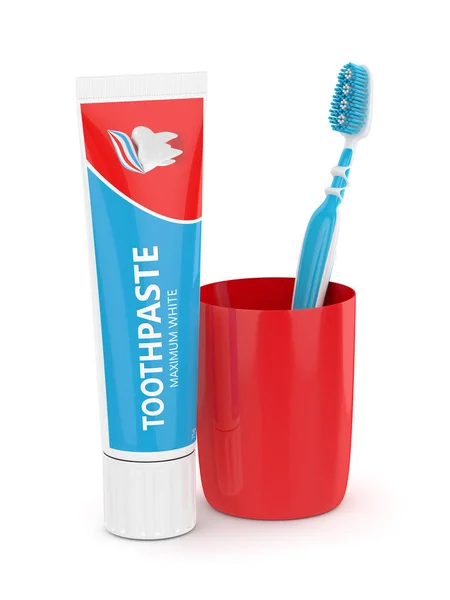 歯ブラシと歯磨き粉、カップの 3 d レンダリング — ストック写真