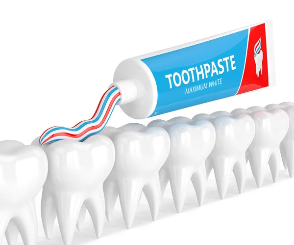 3D render tandpasta schoonmaken van tanden over Wit — Stockfoto