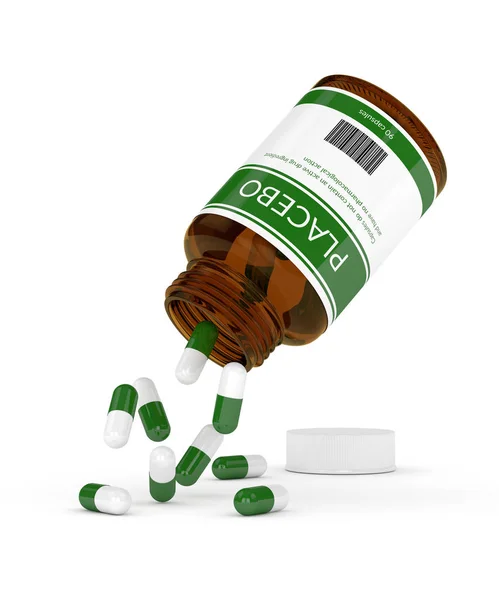 3D-Darstellung der Flasche mit Placebo-Pillen über Weiß — Stockfoto