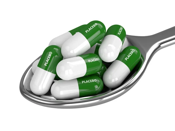 3D renderização de pílulas de placebo em colher sobre branco — Fotografia de Stock