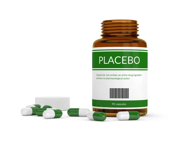 3D činí z láhve s placebo pilulky nad bílá — Stock fotografie