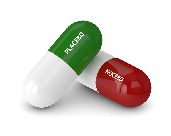 安慰剂和反安慰剂效应的药片，白色的 3d 渲染 — 图库照片