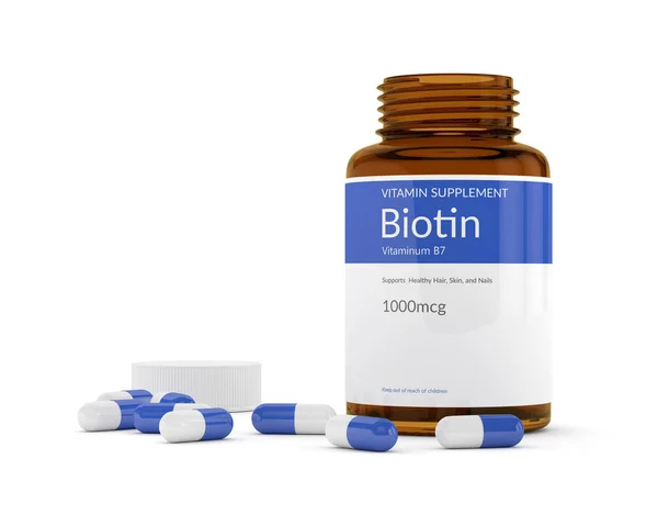 Rendering 3d della bottiglia con le pillole di vitamina B7 — Foto Stock