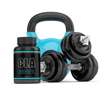 3d render of CLA supplement with kettlebell and dumbbells clipart