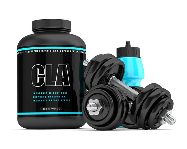 3d render of CLA supplement with shaker and dumbbells — Stock Photo, Image