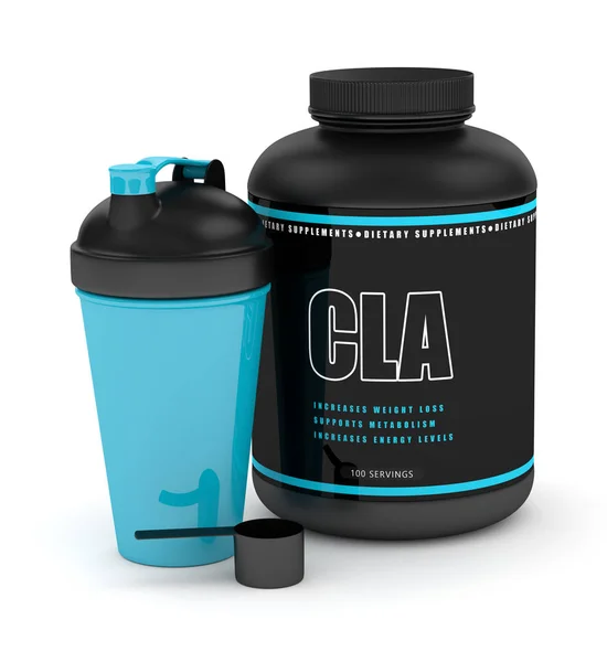 3d render of CLA supplement with shaker and spoon — Stock Photo, Image