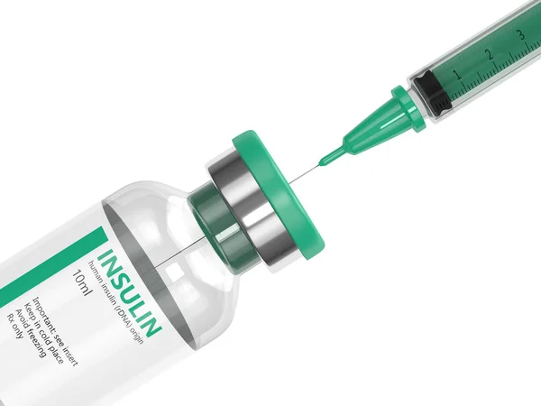 सिरिंजसह इन्सुलिन कुपीची 3 डी रेंडरिंग — स्टॉक फोटो, इमेज