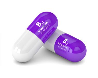 3D render B12 vitamini hapları üzerinde beyaz