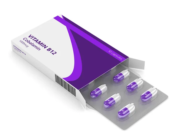 3d renderizado píldoras de vitamina B12 en ampolla — Foto de Stock
