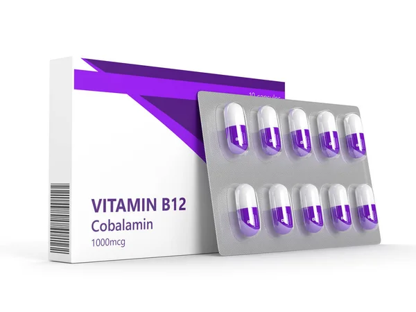 3D vykreslování vitaminu B12 pilulky v blistru — Stock fotografie