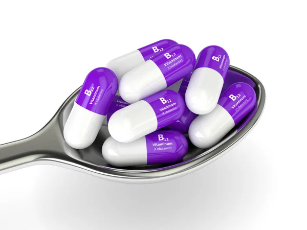 3D-Rendering Vitamin-B12-Pillen auf Löffel — Stockfoto