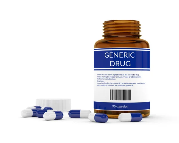 3D καθιστούν χάπια Γενόσημο φάρμακο σε μπουκάλι — Φωτογραφία Αρχείου