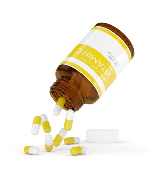 3d renderização de pílulas de vitamina C em garrafa — Fotografia de Stock