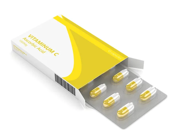 C-vitamin tabletták a buborékfólia 3D render — Stock Fotó