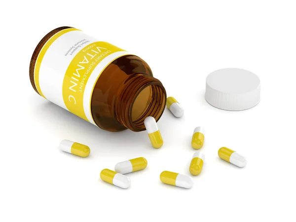 Rendering 3d di pillole di vitamina C in bottiglia — Foto Stock