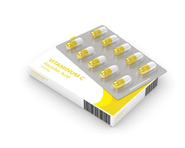 3d render de píldoras de vitamina C en la ampolla — Foto de Stock