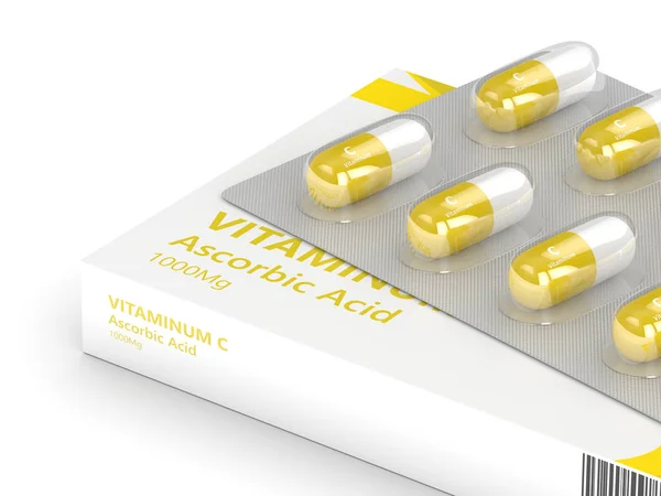 3d визуализация витамина С таблетки на волдыре — стоковое фото