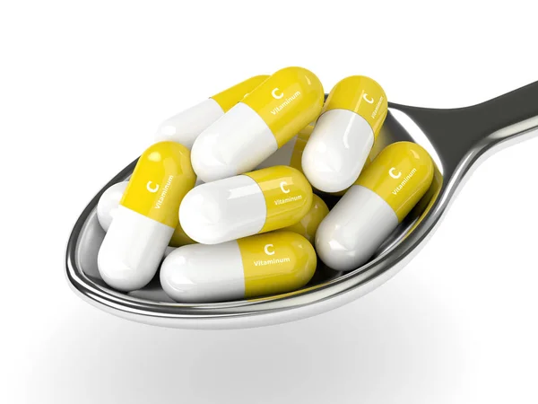 スプーンにビタミン C 錠剤の 3 d レンダリング — ストック写真