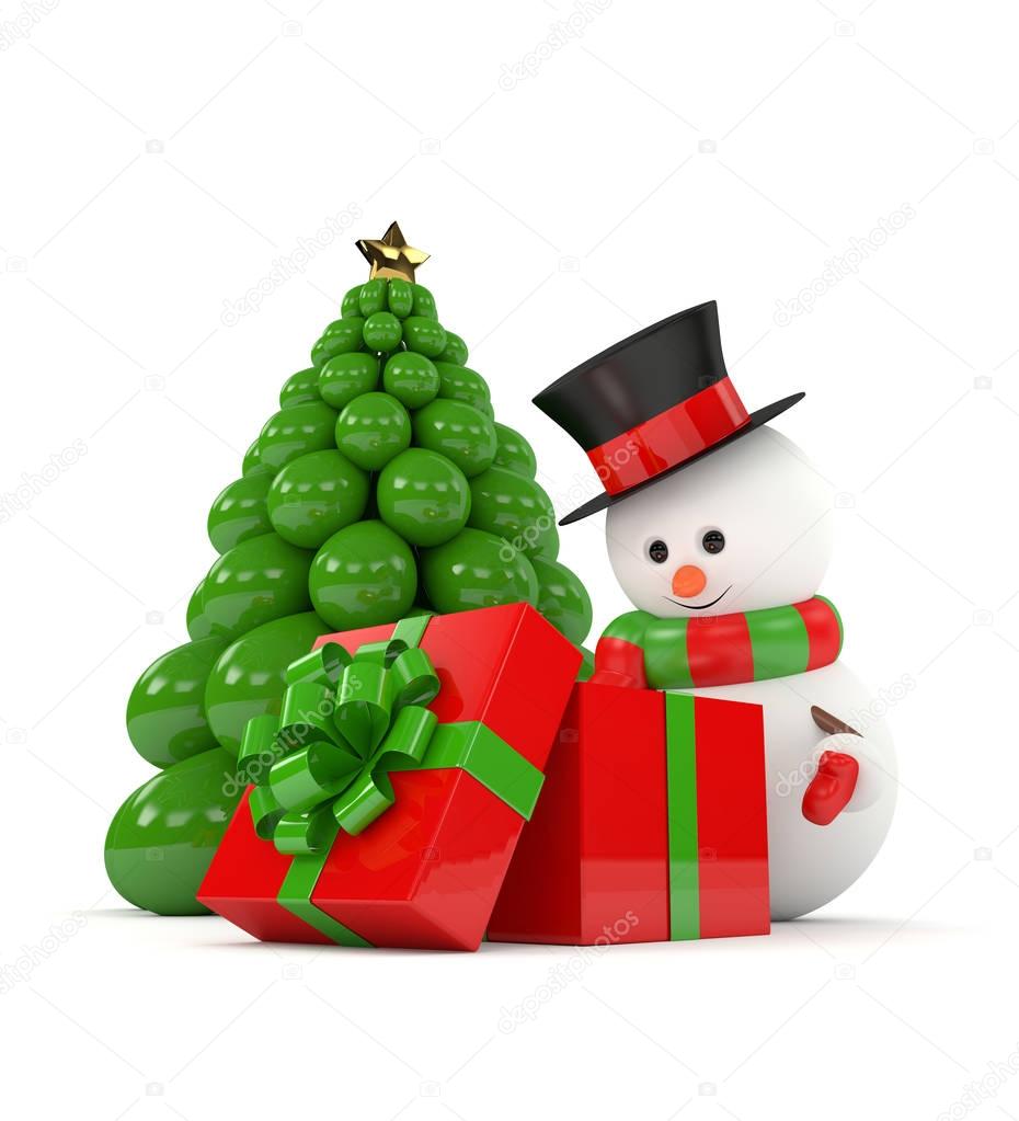 3d render of snowman with present and christmas tree