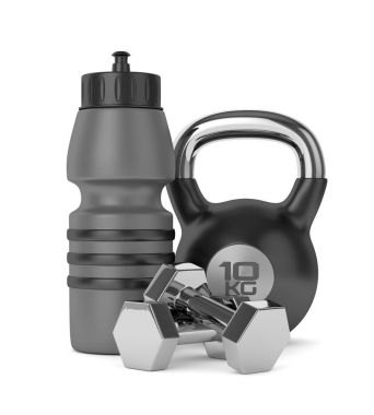 3D render kettlebell, su şişesi ve halter 