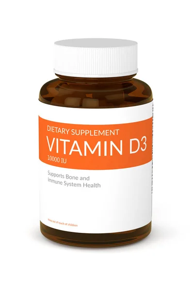 3d renderização de pílulas de vitamina d3 em garrafa sobre branco — Fotografia de Stock
