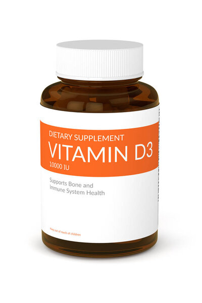 3d render of vitamin d3 pills in bottle over white