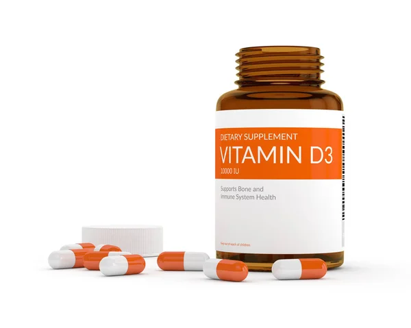 3d визуализация витамина d3 таблетки в бутылке поверх белого — стоковое фото