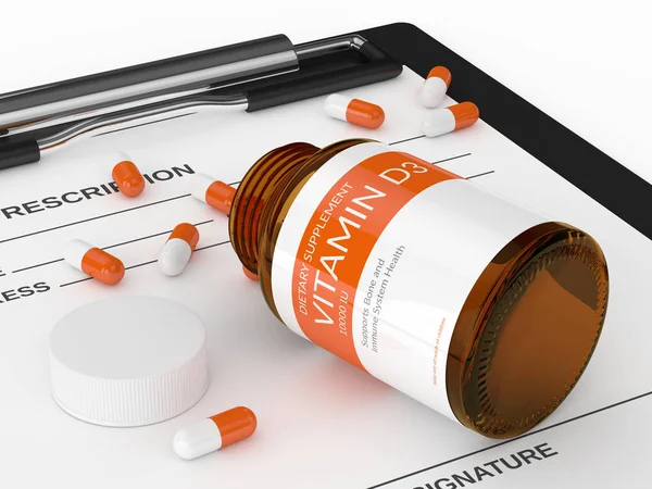 3d render de píldoras de vitamina d3 en botella sobre el portapapeles — Foto de Stock