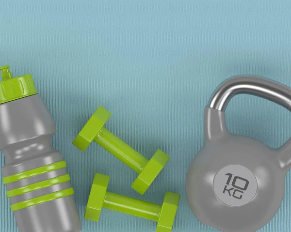3d rendering of dumbbells, kettlebell and gym shaker on fitness — Stock Photo, Image