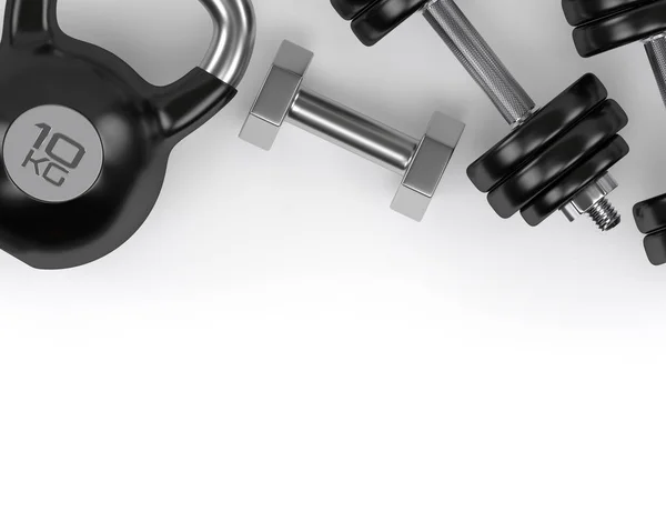 3D rendering súlyzók és kettlebell, fehér íróasztal — Stock Fotó