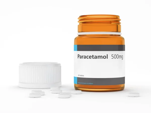 3D vykreslování paracetamol lahvičku s prášky na bílém — Stock fotografie