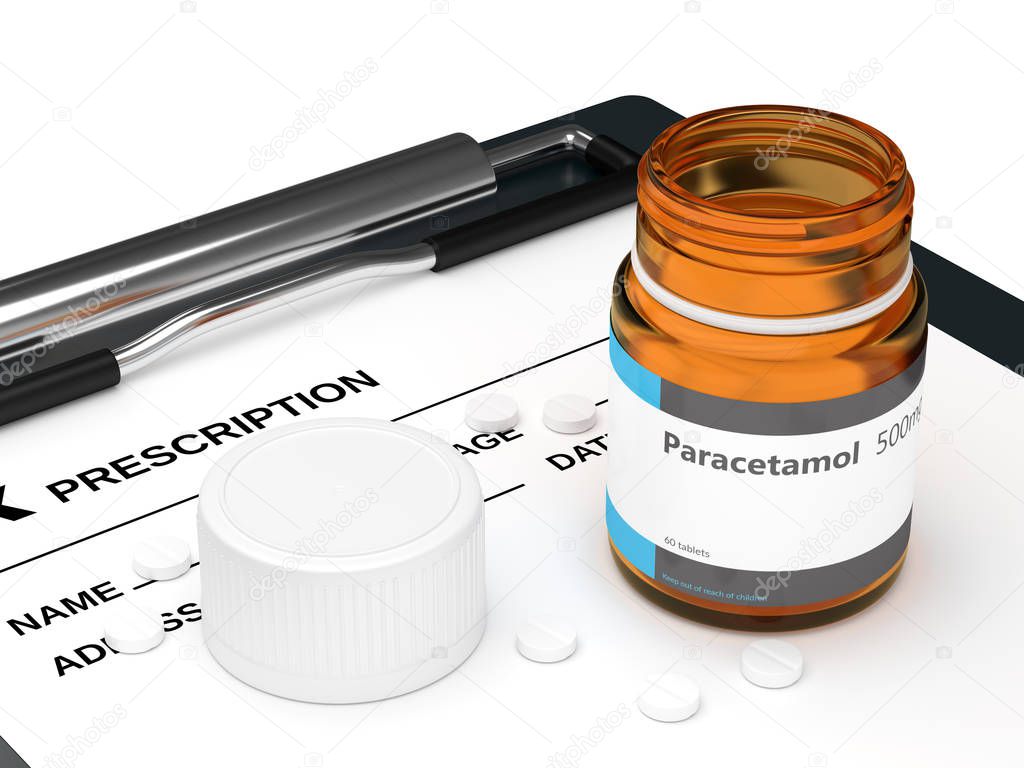 3d rendering of paracetamol pills lying on rx and clipboard