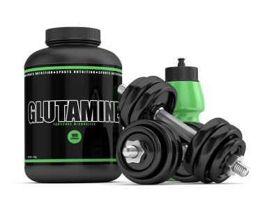 3d render of glutamine powder with bottle and dumbbells clipart