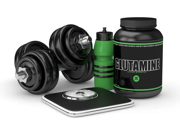 3d render of glutamine with dumbbells, scale and bottle — Stock Photo, Image