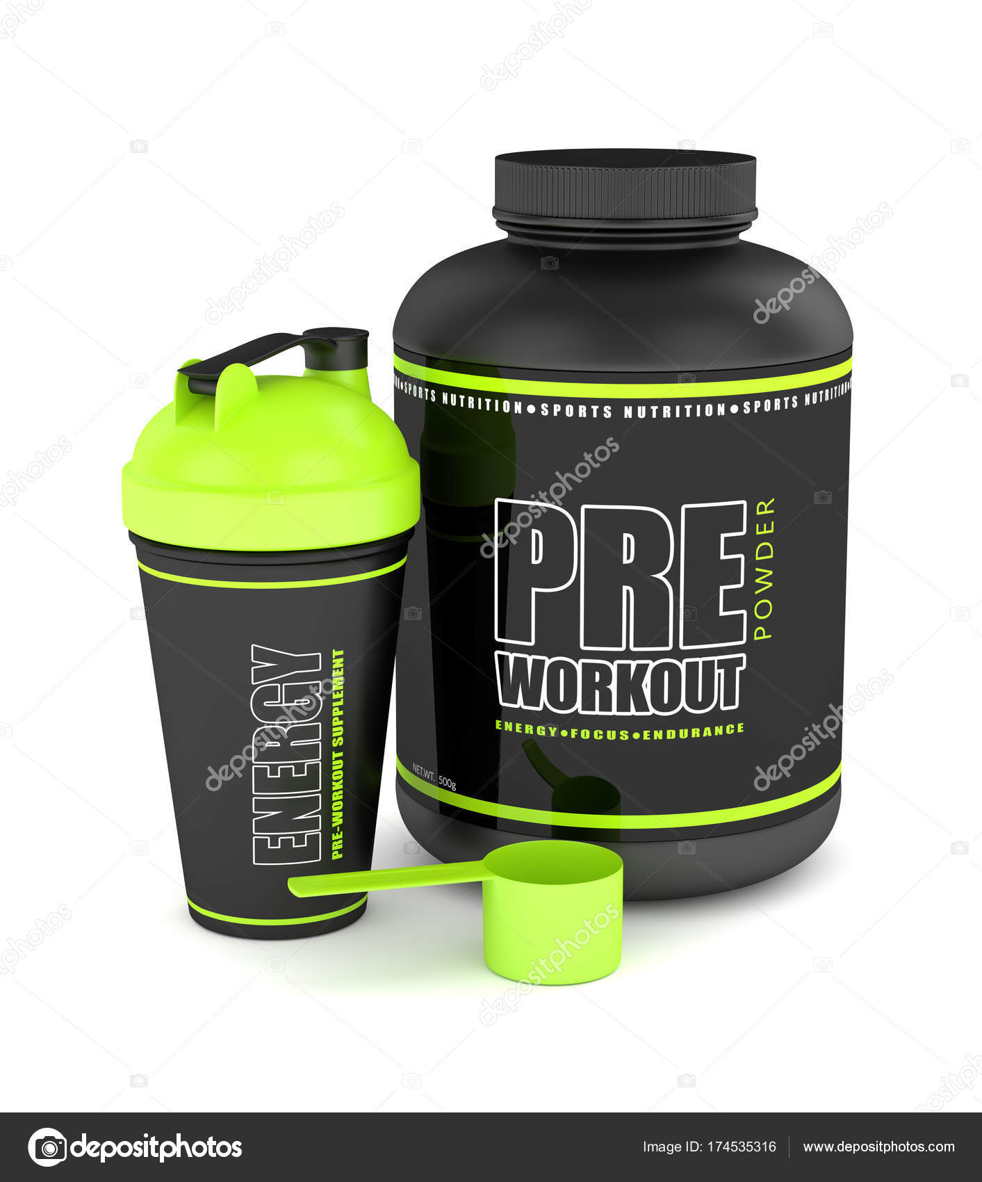 3d render of pre-workout powder with shaker and spoon Stock Photo by  ©ayo888 174535316